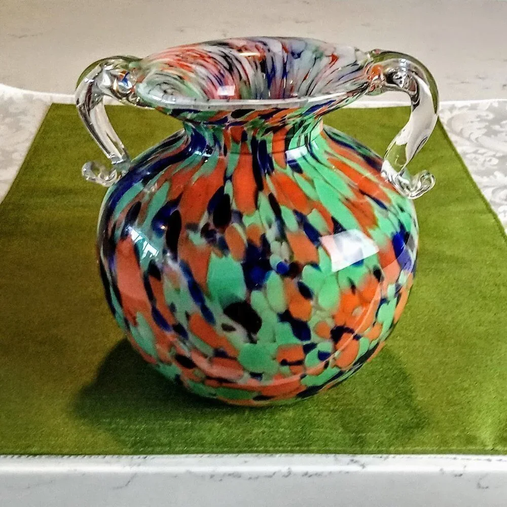 Multicolor Hand Blown 2-Handle Art Glass Jug Vase